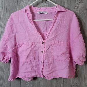 Zara Light Pink Button Down Cropped Women's Blouse